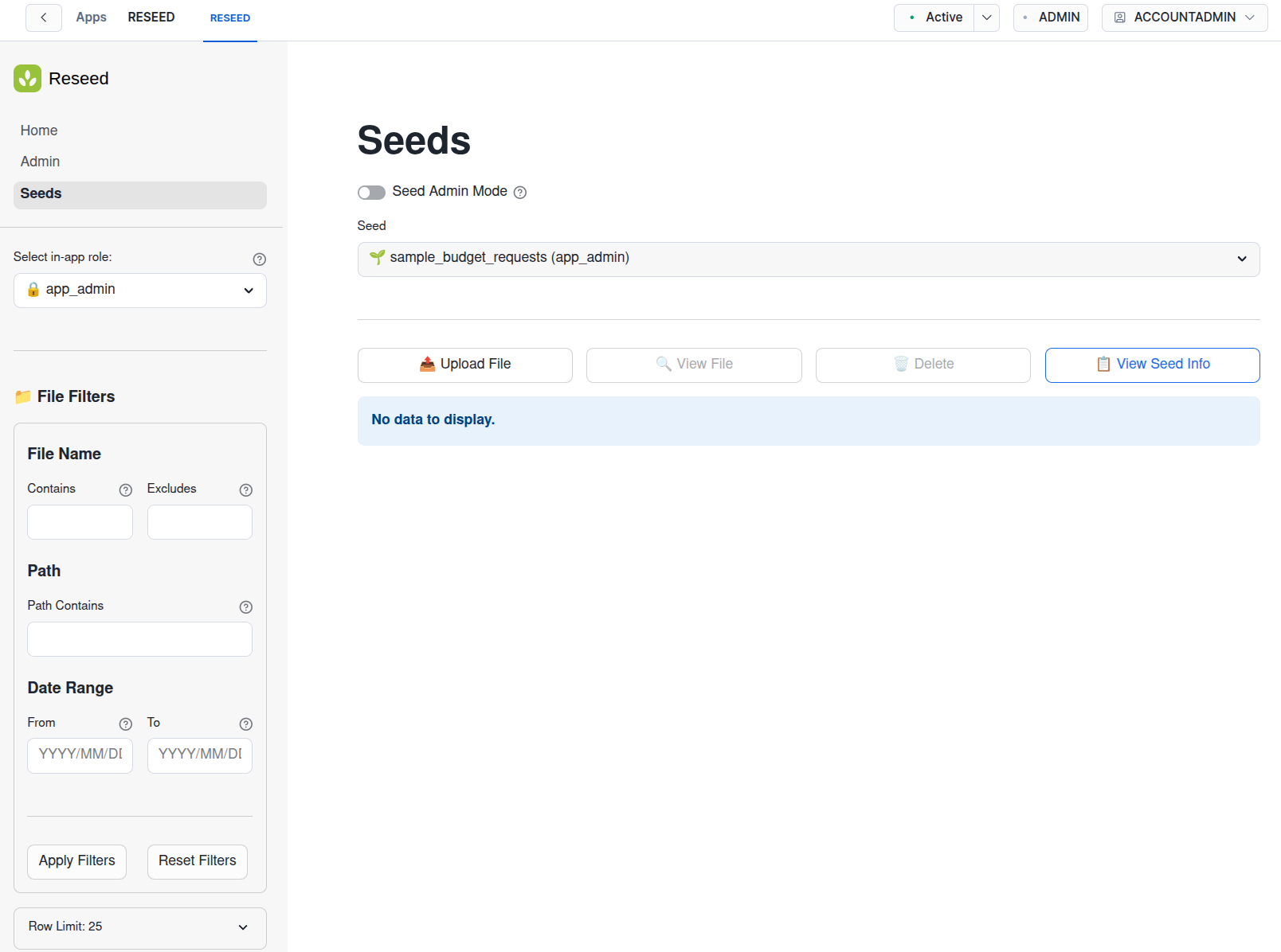 Empty Seed page showing upload button and file upload interface