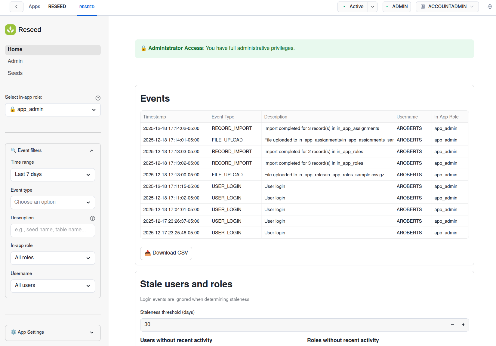 Reseed Home dashboard showing navigation, events table, and stale users section