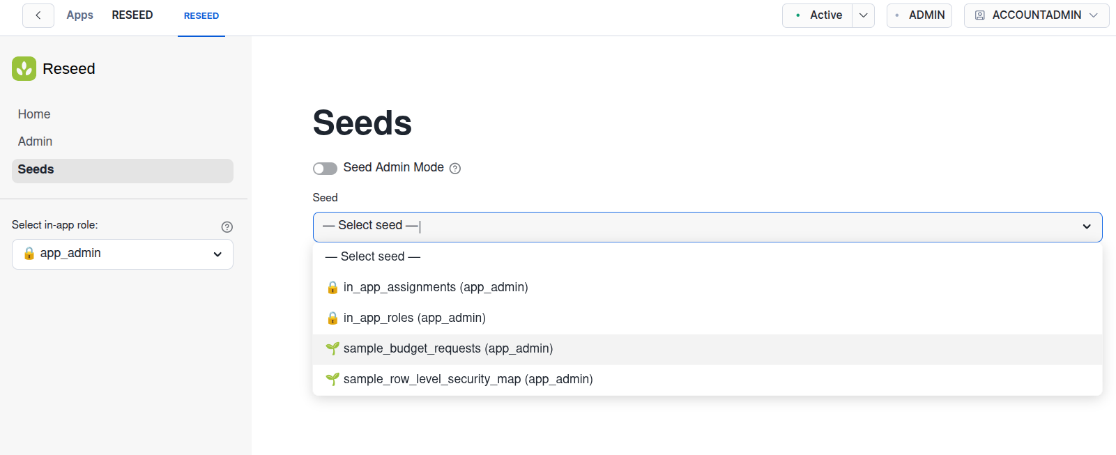Reseed Seeds page showing navigation, context panel with mode toggle and seed selector, and seed dropdown