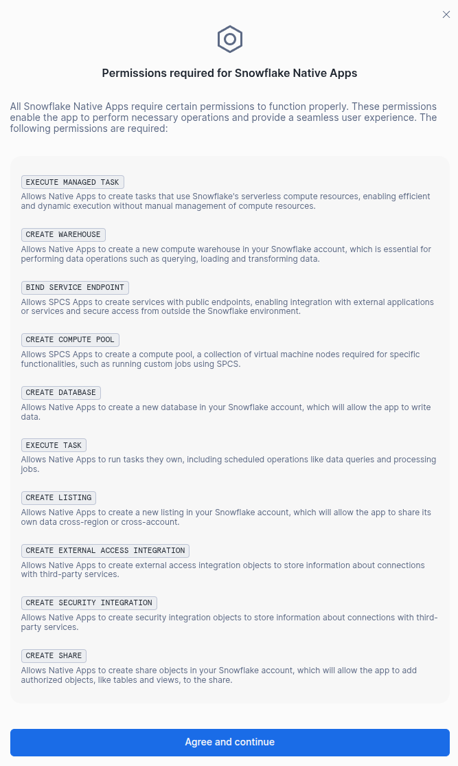 Snowflake permissions required screen